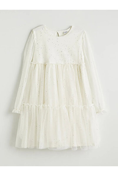 LC Waikiki Rochie pentru fetiță, ecru, cu decolteu, strălucitoare