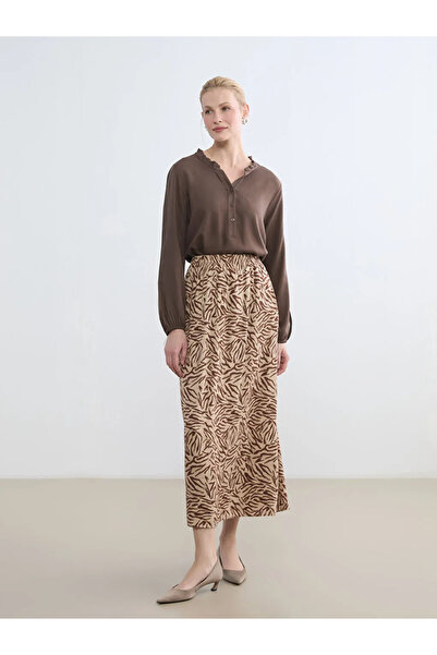 LC Waikiki Beige Elastic Waist Patterned Belmando Flared Skirt