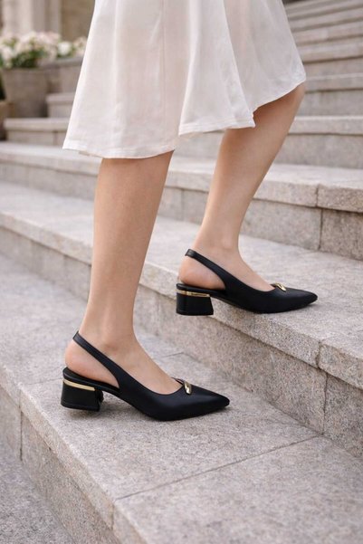 Macelife Women's Pointed Toe Open Back Black Heeled Casual Shoes