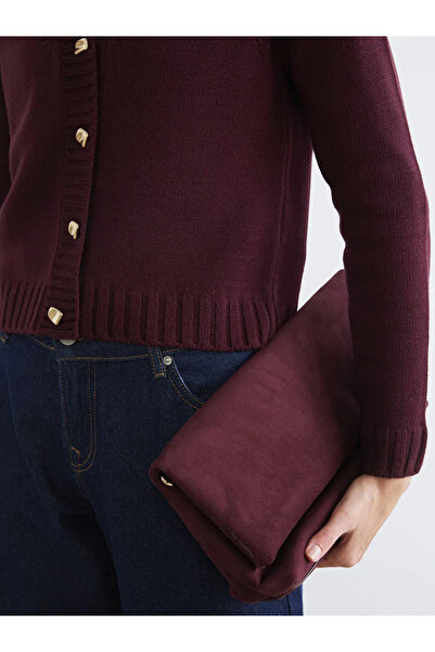 LC Waikiki Burgundy V-Neck Self-Patterned Women's Knitwear Cardigan