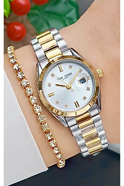 Tom Jones Yeni Model Zirkon Taşlı Altın Gümüş Renk Çelik Kordon Kadın Kol Saa...