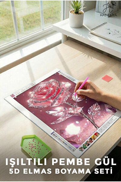 Haneliya Işıltılı Pembe Gül - 5D Diamond Elmas Boyama Hobi Kiti - 30x40 cm
