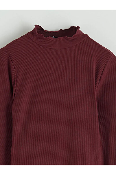 LC Waikiki Burgundy Ruffled Stand Collar Women's Bodysuit