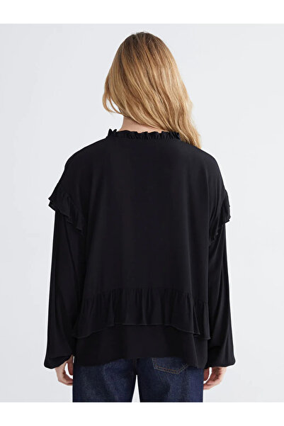 LC Waikiki Black Tie Neck Oversized Ruffle Blouse
