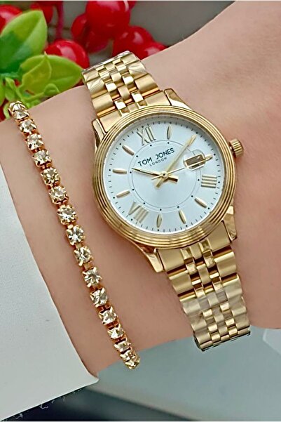 Tom Jones Yeni Model Altın Renk Kadın Kol Saati+Bileklik Hediyeli