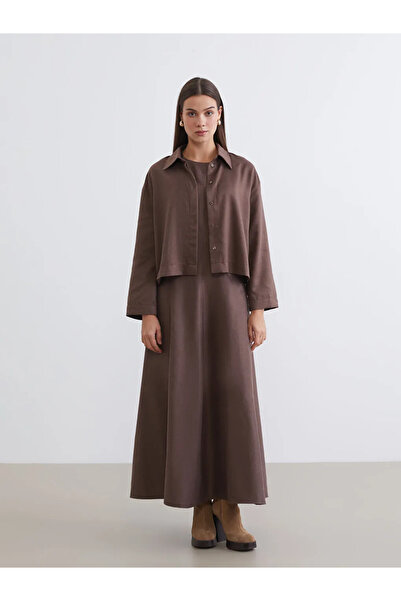 LC Waikiki Brown Crew Neck Suede Look A-Line Dress