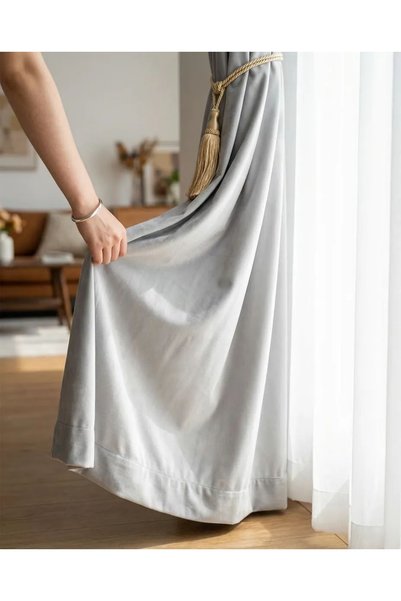 İNCİLİFE Light Gray Velvet Island Background Curtain – 1/2.5 Medium Pleated (V-40)