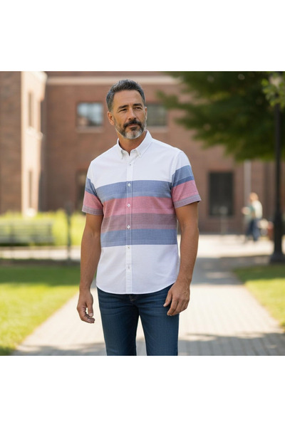 EREN STYLE Slim Fit Cotton Striped Panel Pattern Short Sleeve Shirt (Slim Fit...