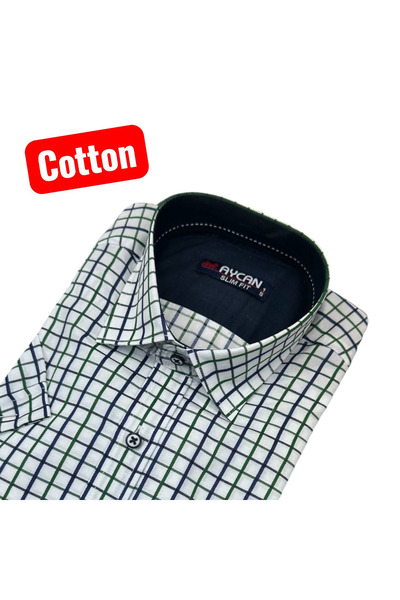 EREN STYLE Slim Fit Plaid Cotton Short Sleeve Shirt Without Pockets (Slim Fit...
