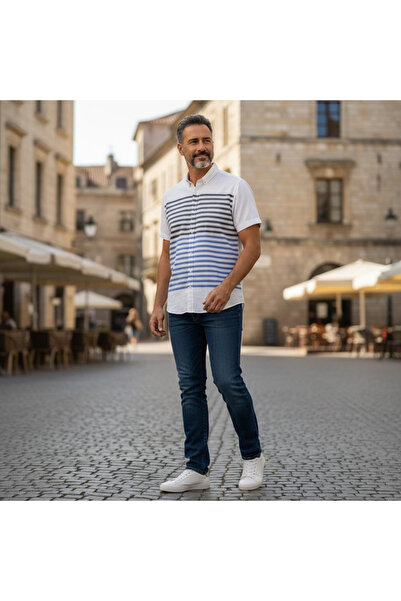 EREN STYLE Slim Fit Cotton Striped Panel Pattern Short Sleeve Shirt (Slim Fit...