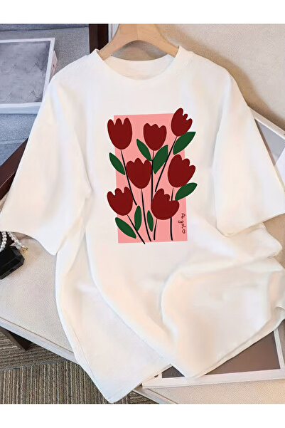 ELAN WEAR ROZ Τυπωμένο Oversize Γυναικείο/Ανδρικό Unisex Λευκό T-shirt