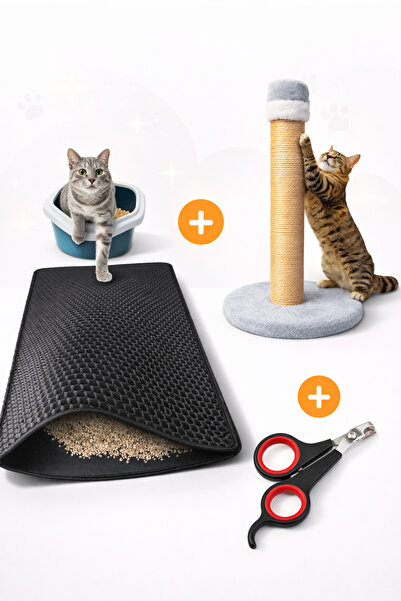 PawX 3’lü Kedi Seti | 52 cm Premium Tırmalama + Tuvalet Önü Kum Paspası | Ked...