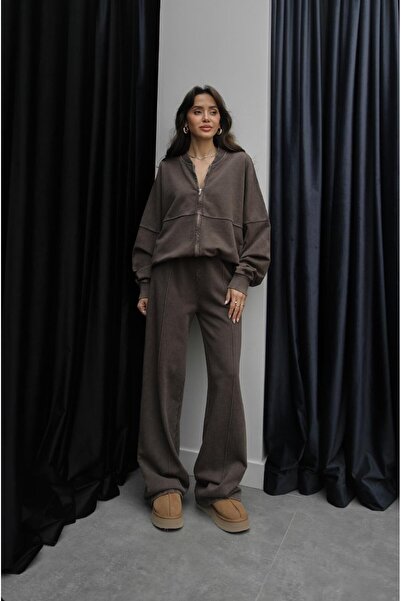Havoş Brown Washed Zippered Tracksuit Set
