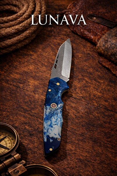 LUNAVA Çakı & Bıçak Epoksi Bıçak Mavi & Beyaz Yarı Otomatik Bele Takılabilir