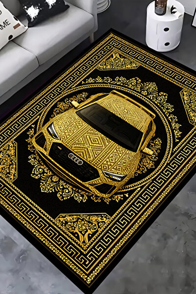 Kessy Home Studio Araba Desenli Siyah Gold Zincirli Dijital Baskı Kaymaz Yıka...