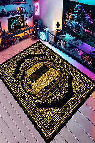 Kessy Home Studio Araba Desenli Siyah Gold Zincirli Dijital Baskı Kaymaz Yıka...