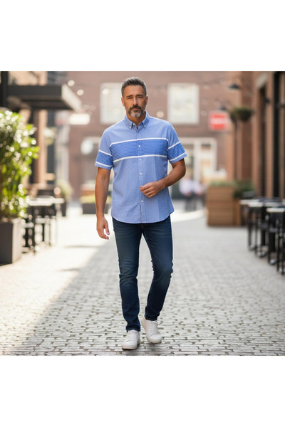 EREN STYLE Slim Fit Cotton Striped Panel Pattern Short Sleeve Shirt (Slim Fit...