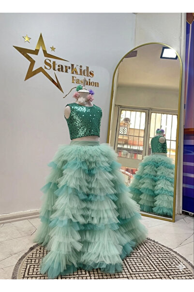 Star Kids Girl's Green Sequined Tulle Layered Evening Dress, Girl's Party Dre...
