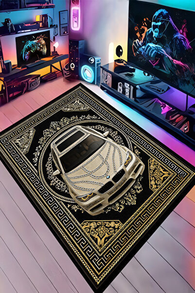 Kessy Home Studio Araba Desenli Siyah Gümüş-Gold Zincirli Dijital Baskı Kayma...