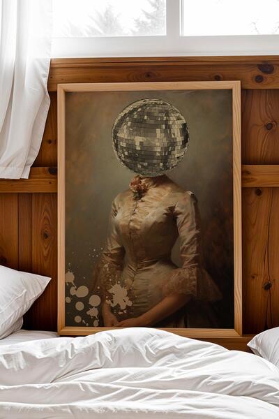 Saturn Диско топка с глава на жена в рамка, картина за стена за DJ-и и любите...