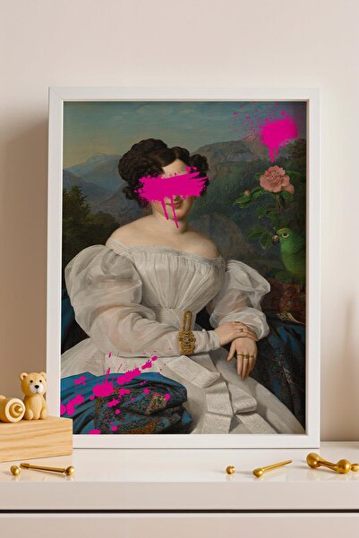 Saturn Pictură înrămată cu graffiti fucsia Countess Szechenyi, portret clasic...