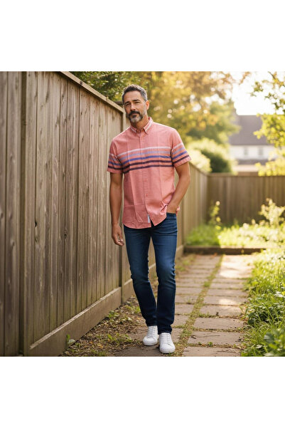 EREN STYLE Slim Fit Cotton Striped Panel Pattern Short Sleeve Shirt (Slim Fit...