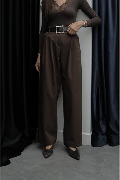 Havoş Brown Large Gold Buckle Belted Trousers