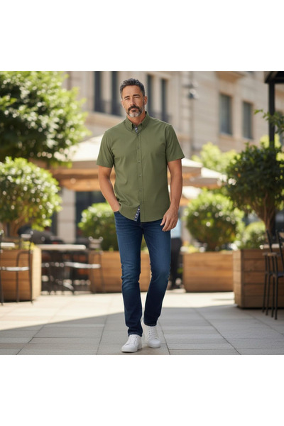 EREN STYLE Slim Fit Cotton Short Sleeve Collared Hidden Button Shirt (Slim Fi...