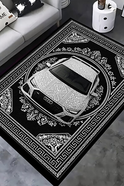 Kessy Home Studio Araba Desenli Siyah Gümüş Zincirli Dijital Baskı Kaymaz Yık...