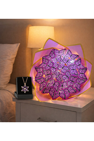 Zemtigo Led Işıklı Mor Kelebek Buketi Ve Lotus Kamelya Çiçeği Kolye Sevgilile...