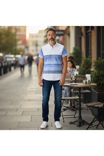 EREN STYLE Slim Fit Cotton Striped Panel Pattern Short Sleeve Shirt (Slim Fit...