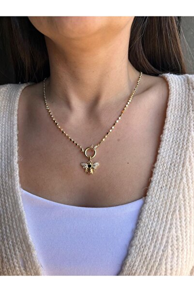 nunu takı Taşlı Arı Charmlı Küp Zincir Kolye