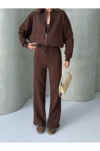 BE CHİC Women's Hakim Collar 3-Thread Shardooned Fleece Zippered Pocketed Pla...