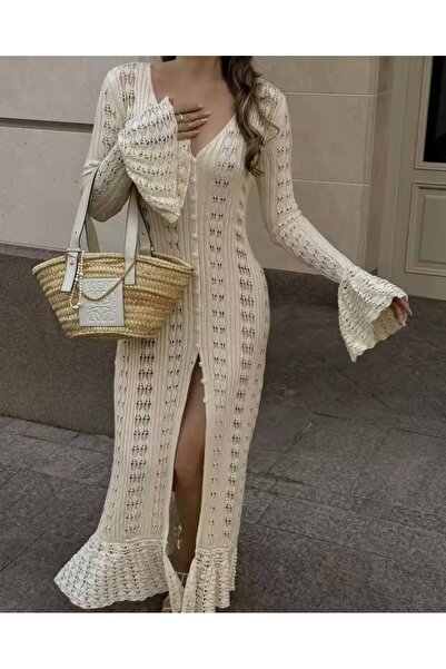 lucifer underwear Kadın Triko Ajurlu Yırtmaçlı Düğmeli Uzun Plaj Elbisesi