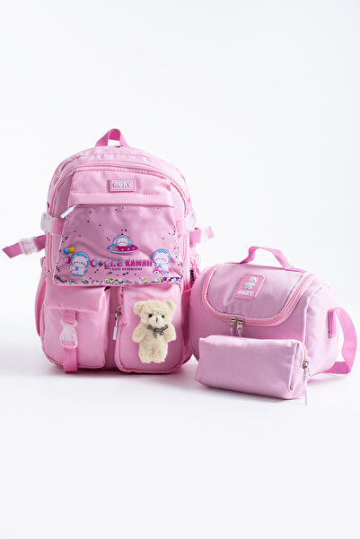 Roxy Set de geantă școlară coreeană Kawaii cu ursuleț de pluș – Rucsac + Cuti...