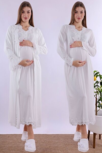 ByLohusa Set cămașă de noapte de maternitate cu halat ecru