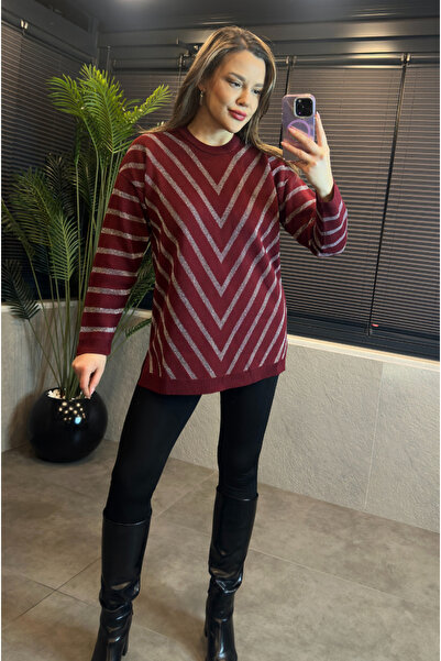 MİR STORE Burgundy Glittery Crew Neck Oversize Long Sweater