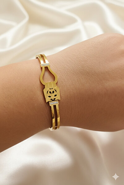 AFRODİTGOLDBUJİTERİ Steel Gold Lion Detailed Handcuffs