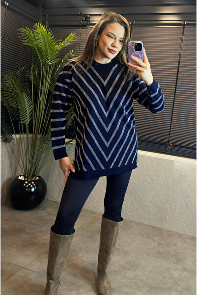 MİR STORE Navy Blue Glittery Crew Neck Oversize Long Sweater