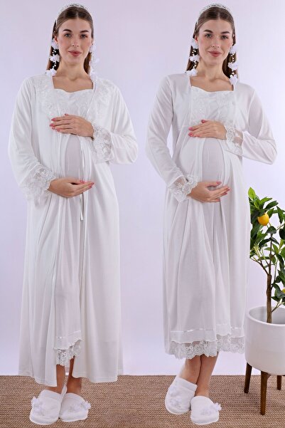 ByLohusa Set cămașă de noapte pentru maternitate Effortt Ecru cu halat de toa...