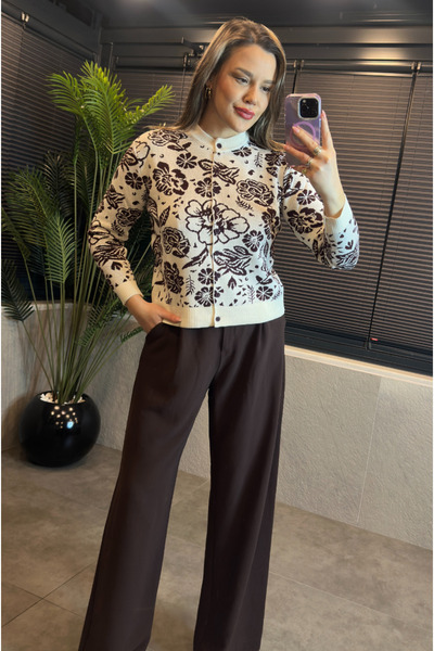 MİR STORE Crew Neck Brown Floral Patterned Mercerized Cardigan