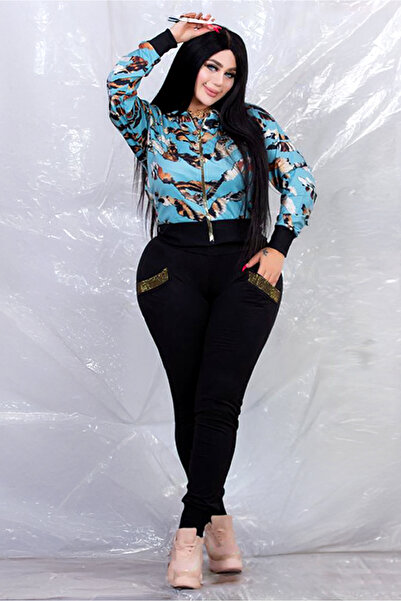 AsrymShop Winter cotton lycra tracksuit, tiger print, zipper, light blue