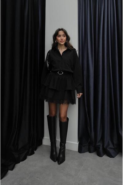 Havoş Rochie neagră cu dantelă la tiv și curea în talie