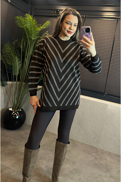 MİR STORE Brown Glittery Crew Neck Oversize Long Sweater