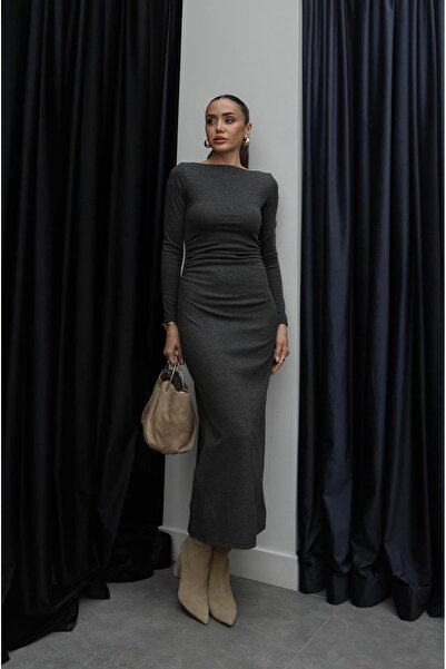Havoş Antrasit Yanları Drapeli Kayık Yaka Elbise