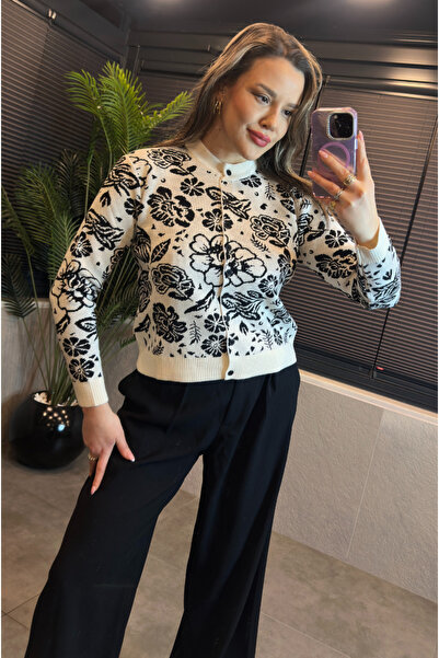 MİR STORE Crew Neck Black Floral Patterned Mercerized Cardigan