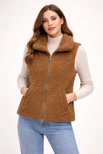 GİYİYORUM Welsoft Lamb Pattern Plush Women's Vest Lined with Double Pockets C...