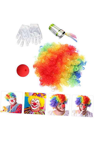 ZS DEMİR Clown hair clown nose clown gloves clown magic wand 4-piece set