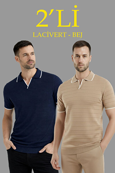 LUMİART Men's 2-Pack Knitwear Collared Buttonless Open Collar Ribbed Short Sl...