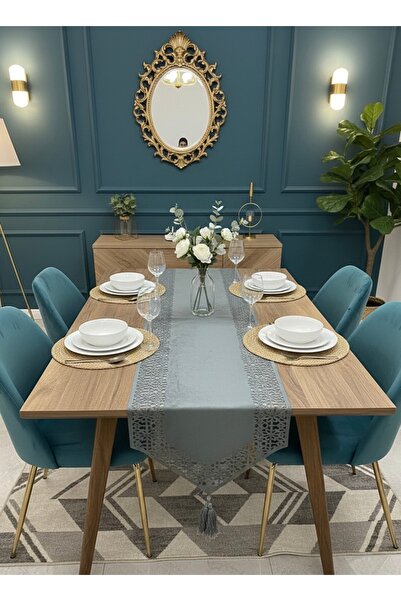 MİNOZA Sultan Model Kadife Kumaş Tül Detaylı Püsküllü Dekoratif Masa Örtüsü R...